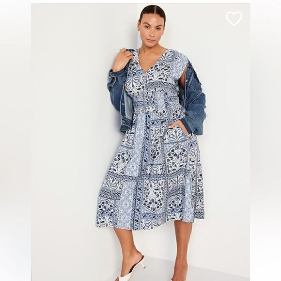 Grecian Blue Summer Holiday Vacation NWT Old Navy Petite XXL smocked dress midi - Picture 1 of 17